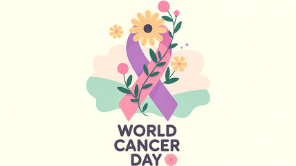 A digital illustration of a World Cancer Day awareness design featuring a purple and pink awareness ribbon intertwined with delicate floral elements