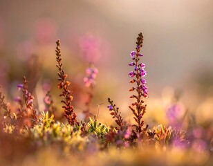 Soft focus image of small purple flowers in a field at sunrise