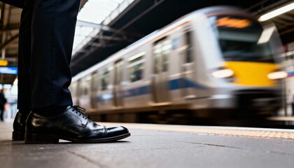 Fototapeta premium Close-up of dress shoes on a train platform as a blurred subway or commuter train speeds past.