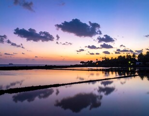 Stunning sunrise over tranquil water, with colorful sky and reflections