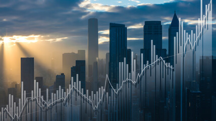A modern cityscape photograph during sunset, featuring multiple high-rise buildings with glass and steel facades