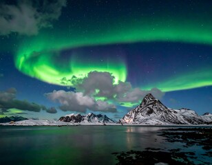 Spectacular Northern Lights illuminate a snowy mountain landscape