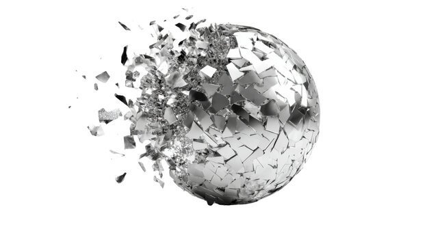 Disco ball shattering into silver fragments on a transparent background, symbolizing stress, breaking, and crisis