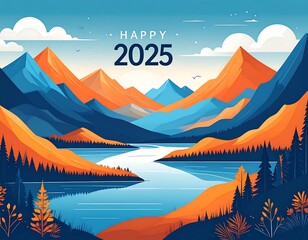 Stylized landscape with mountains and lake, celebrating new year