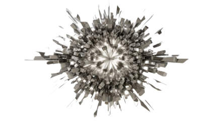 Abstract exploding metallic fragments bursting from a bright core, creating visual chaos and energetic dispersion on transparent background