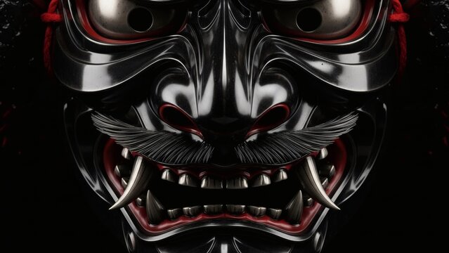 Hyper-Realistic Close-Up of Black Samurai Mempo Mask