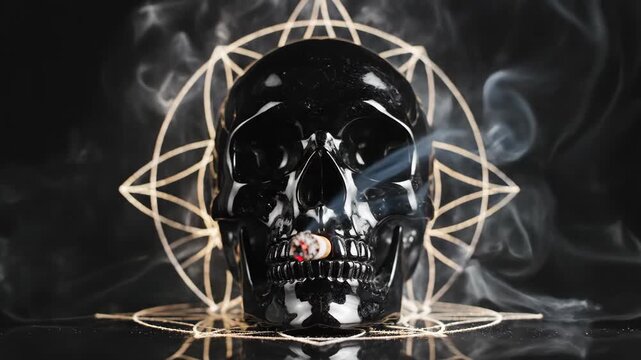 Black Skull with Cigarette and Water Pouring Over in Dark Studio for Horror or Artistic Content