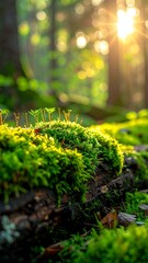 Sunlight streams through a lush forest, illuminating mossy terrain