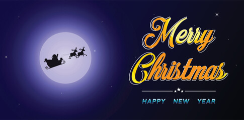 Magical Christmas Night Scene with Santa&rsquo;s Sleigh Silhouette, Happy New Year with Eye Catching Gradient Christmas Typography and Stars