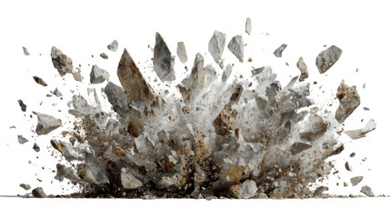Rock explosion with debris flying up, showing impact, destruction, and breaking stone on transparent background