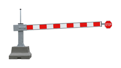Red and white striped traffic barrier with a stop sign is positioned horizontally on a sturdy concrete base, indicating restricted access