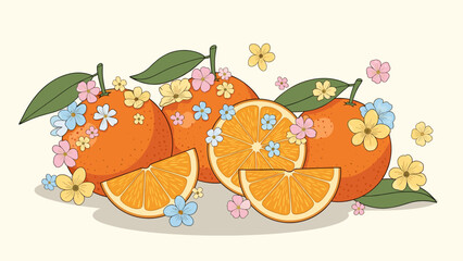 Retro Groovy Oranges and Slices with Pastel Flowers Illustration