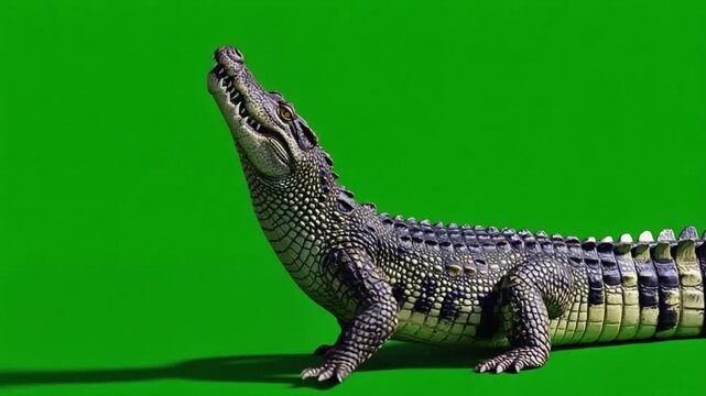 Crocodile standing up on a green screen looking up with its mouth open in a studio setting crocodile green screen video