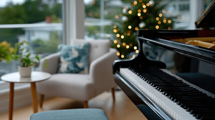 An elegant space featuring a piano and tasteful holiday decorations, providing a serene environment for relaxation and enjoyment during the festive season.