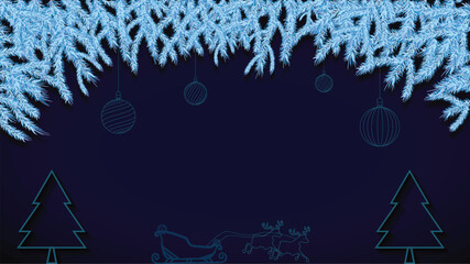 Minimalist Winter Holiday Scene with Pine Branches, Ornaments, Neon Christmas Trees, and Reindeer Sleigh, Christmas Background