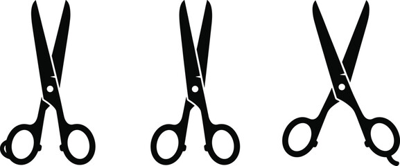 Set of black scissor silhouettes, vector illustration of sharp cutting tools for hairdressing, sewing, office, and craft design isolated on white background