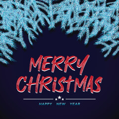 Festive Merry Christmas and Happy New Year Greeting Design Featuring Frosted Pine Borders, and Winter Themed Holiday Elements