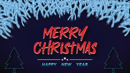 Festive Merry Christmas and Happy New Year Greeting Design Featuring Frosted Pine Borders, and Winter Themed Holiday Elements