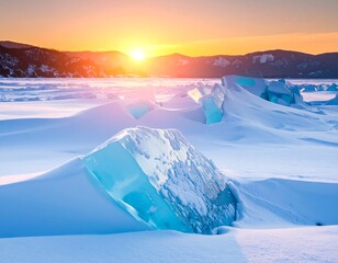 Sunrise over crystalline ice formations on a snow-covered landscape