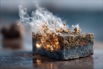Burning Stone Block with Smoke and Glowing Light