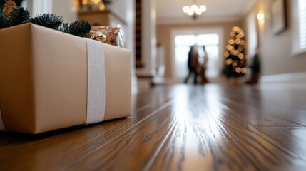 An elegantly wrapped gift box adorned with a decorative ribbon, set in a warm and inviting home environment, with a sparkling Christmas tree in the background.