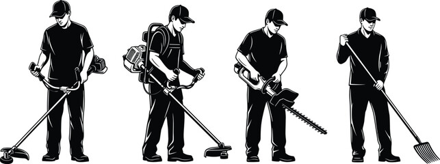 Set of Landscaping Gardener Workers Silhouettes Using Trimmer, Hedge Clipper, and Rake Vector Illustration Collection for Lawn Care and Maintenance Graphics