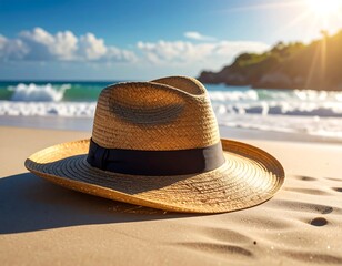 Sun hat resting on sandy beach with foamy waves and sunshine