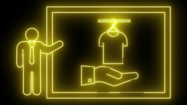 Stylized neon image man shirt on hanger offered in hand all within a glowing frame