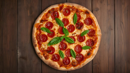A delicious salami pizza with melted mozzarella and tomato sauce served on a wooden board on a wooden table