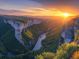 Majestic canyon landscape at sunset, with a winding river flowing between steep cliffs and lush green vegetation