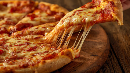 Delicious hot pizza slice being pulled from the pie, showing stretchy melted cheese