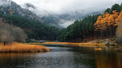 Autumnal Reflections: A serene lake surrounded by forests in misty mountains