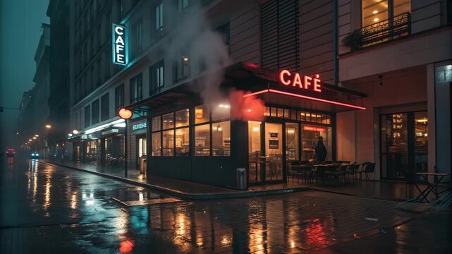 Cafe exterior at night with vibrant neon signs illuminating a wet street reflecting city lights and atmospheric steam