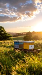 Sunset illuminates two colorful beehives in a vibrant meadow