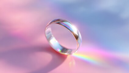 Delicate silver ring on pastel background, iridescent light