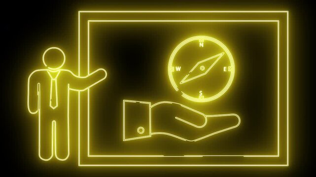 Neon style art of a presentation on guidance showing a compass over a hand next to a presenting person