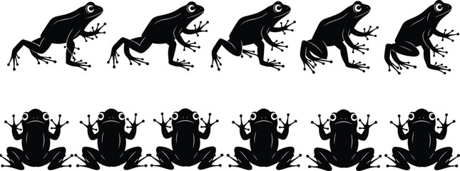 Set of black frog silhouettes, isolated vector illustration of amphibian toads in rows, front and side views, flat nature icons for logo graphic elements