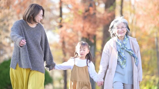 秋の公園で遊ぶ祖母と孫の家族 お出かけやレジャーのイメージの手を繋ぐ、仲良しで歩く笑顔のシーンの動画スローモーション、落ち葉の前ボケあり