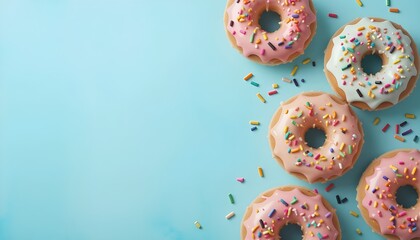 Donuts with colorful sprinkles, soft pastel background, fun dessert concept"