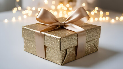 A golden glitter gift box, elegantly tied with a satin ribbon and bow, sits on a light surface, with a blurred background of warm festive lights