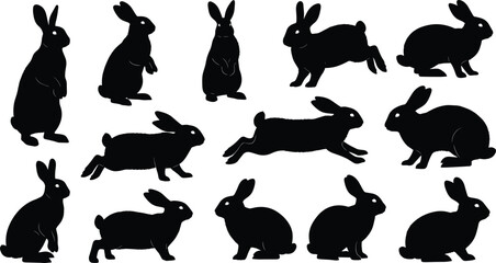 Set of black rabbit silhouettes, vector illustration collection of bunnies in various poses like running and sitting, isolated on white background, easter design elements.