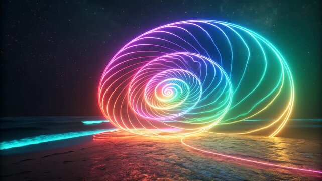 Vibrant neon spiral shell glowing with rainbow colors on a dark beach under a starry night sky