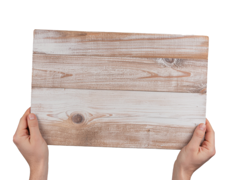 Empty board with copy space hanging in hand, closeup object. Isolated on transparent background - Powered by Adobe