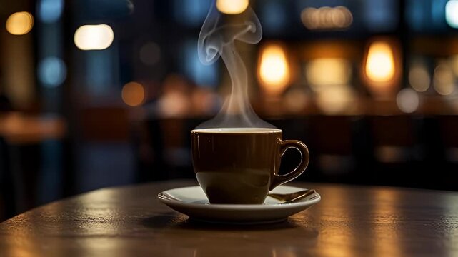 A close-up shot of a steaming cup of hot coffee or tea on a wooden table in a dimly lit cafe. Rising steam and a warm, inviting bokeh background create a cozy and relaxing morning atmosphere.