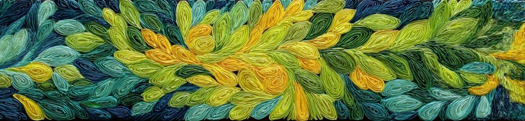 a vibrant, abstract art piece featuring swirling shapes in shades of green, yellow, and blue.