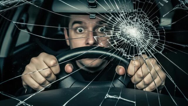 Distressed driver behind shattered windshield after a crash emphasizing shock and fear for