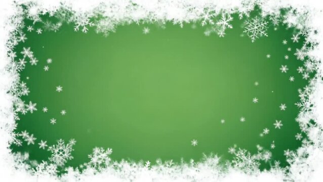 Falling snowflake border surrounding smooth green surface creating festive winter holiday backdrop with gentle icy particle motion
