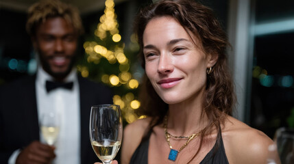 A charming woman with a glass of wine beams at the camera, symbolizing joy and connection in a festive setting adorned with sparkling lights during a holiday gathering.