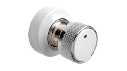 Control knob with shiny chrome ring and white plastic, isolated on a transparent background, adjusting settings