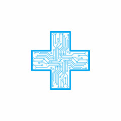 Obraz premium Blue circuit board pattern inside a white cross shape